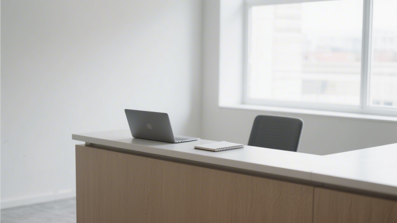 Minimal office reception desk with a laptop, a notepad, and natural light from a window, conveying a calm professional environment for contact and enquiry.